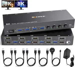 8K DisplayPort KVM Switch for 4 Computers 2 Monitors 8K@30Hz 4K@144Hz, Dual Monitor DP KVM Switch DisplayPort 1.4 and 4 USB 3.0 Ports for 4 PC/Laptops, with DP+USB Cable and Desktop Controller