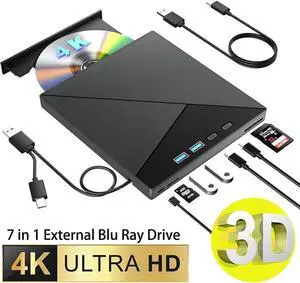 7 in 1 External Blu Ray Drive, 4K Blu Ray CD/DVD Burner with USB 3.0 Type-C Portable Blu-Ray Drive, 3D BD Player with 4 USB and SD/TF Ports, Optical Drive Compatible with Windows Linux MacOS