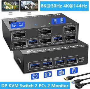USB 3.0 Displayport KVM Switch 2 PC 2 Monitors, KVM Switch 8K@30Hz 4K@144Hz,Dual Monitor KVM Switch Displayport 1.4 for 2 PC Share Wireless Keyboard,Mouse, Printer, with 2 USB 3.0 and DP Cables