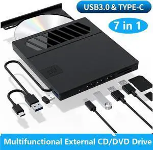 External CD DVD Drive, 7 in 1 USB 3.0 Type-C DVD Drive, Portable External DVD Burner, External CD/DVD Optical Drive with SD/TF Card Reader & 4 USB A Ports for Linux/Mac OS/Windows 7/8/10/11