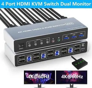 USB 3.0 HDMI KVM Switch 4 Computers 2 Monitors, 4K@60Hz 4 Ports HDMI Dual Monitors KVM Switch Supports EDID, with Audio Microphone Output and 3 USB 3.0 Ports, 4 in 2 Out HDMI KVM Switches