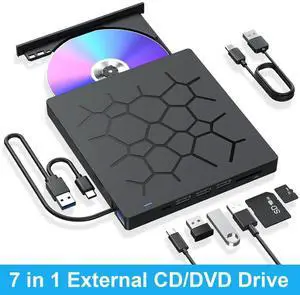 External CD/DVD Drive for Laptop, 7 IN 1 USB 3.0 Type C Portable DVD Player, CD ROM Burner Writer, External Disk Drive, Optical Drive Compatible with Laptop, PC, MacBook, Windows, Mac, Linux OS