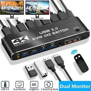 Dual Monitor HDMI KVM Switch 4K@60Hz, USB 3.0 HDMI KVM Switch 2x2 with 3.5mm Jack Audio Output for 2 Computers Share 2 Monitors and 4 USB 3.0 Ports, with 3 Display Method, Hot Key Switching