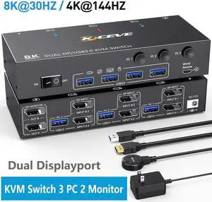 USB 3.0 Displayport KVM Switch 3 PC 2 Monitors 4K@144Hz 8K@30Hz, Dual Monitor KVM Switch 3 in 2 Out with DisplayPort 1.4 and 4 USB 3.0 Ports for 2 PC/Laptops, with DP+USB Cable and Desktop Controller