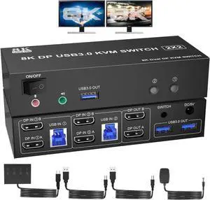 Displayport USB 3.0 KVM Switch 2 Monitors 2 Computers 8K@60Hz 4K@144Hz, Dual Monitor Displayport1.4 KVM Switches with Audio Microphone Output and 3 USB 3.0 Ports, DP Switch for 2 PCs 2 Monitors