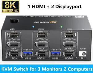 KVM Switch 3 Monitors 2 Computers 8K@60Hz, 2 Displayport + 1 HDMI USB 3.0 Triple Monitor KVM Switch with 4 USB 3.0 Port for Keyboard Mouse, Wired Remote,Power Adapter and 5 Cables Included