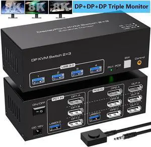 8K KVM Switch 3 Monitors 2 Computers, Displayport 4K@144Hz USB 3.0 KVM Switches DP 1.4 Triple Monitor Switch for 2 PCs with 4 USB Ports Support Extended & Copy Mode, Wired Controller Included