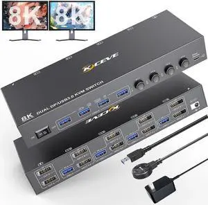 8K DisplayPort KVM Switch 2 Monitors 4 Computers, Dual Monitor KVM Switch Displayport USB 3.0, Support 8K@30Hz, 4k@144Hz, for 4 Computer Share 2 Display, Wired Remote and USB Cables Included