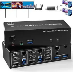 KVM Switch 3 Monitors 2 Computers Share 1000Mbps Ethernet, 8K@60Hz 2 Displayport + HDMI USB 3.0 KVM Switch Triple Monitor with 3 USB 3.0 Port and Audio & Microphone,Support Extended & Copy Mode