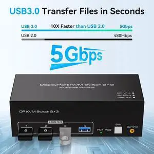 8K Triple Monitor Displayport KVM Switch 2 Computer 3 Monitors 4K144Hz 8K60Hz Triple Monitor KVM Switches DP 1.4 witch 4 USB 3.0 for 2 PC Share 3 Monitors With DC12V Adapter and 2 USB Cables