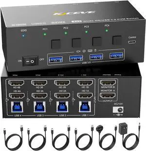 [KVM Switch 2 Monitors 4 Computers] This 2 monitor KVM switch allow you to control 4 computers or laptops by only one set of wired or wireless keyboard mouse, share 4 USB 3.0 devices and 2 monitors. I