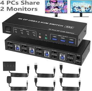 USB 3.0 Displayport KVM Switch for 4 Computers 2 Monitors 4K 60Hz, Dual Monitor Displayport KVM Switch 4 Port with Audio Microphone Output and 3 USB 3.0 Ports, DP Monitor Switch for 4 PCs 2 Monitors