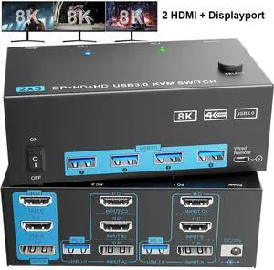 KVM Switch 3 Monitors 2 Computers, 8K@60Hz 4K@144Hz Triple Monitor KVM, 2 HDMI + 1 Displayport KVM Switch with 4 USB 3.0 Ports, 3 Monitor KVM Switches with Power Adapter and Wired Remote