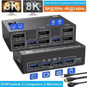 KVM Switch 2 PC 2 Monitors, USB 3.0 DP KVM Switch 8K@30Hz 4K@144Hz, Dual Monitor KVM Switch Displayport 1.4 with 4 USB 3.0 Port for USB Device, Wired Remote and 4 Cable Included