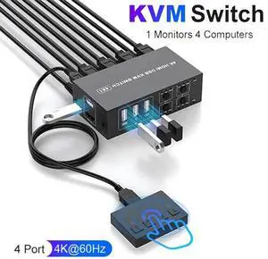 USB HDMI KVM Switch 4K@60Hz for 4 Computers Share 1 Monitor, 4 in 1 Out HDMI KVM Switch 4 Port with 4 USB 2.0 Ports Share Keyboard Mouse, with EDID Adaptive,Support Button Switch, Plug and Play