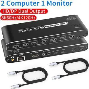 Type-C KVM Switch for 2 Laptops Share 1 Monitor, KVM Switch Docking Station with 7 USB-A Ports, 2 USB-C Charging 100W, RJ45 Port, Thunderbolt KVM Supports 4K@60Hz with HDMI and DP for Laptops