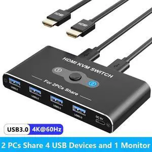 USB HDMI KVM Switch with 4K@60Hz, 2 Port HDMI KVM Switches With 4 USB 3.0 Data Ports, KVM Switch 2 PC 1 Monitor Share Mouse, Keyboard, Printer, Include 2 HDMI cables,2 USB cable, 1 USB-C Cable