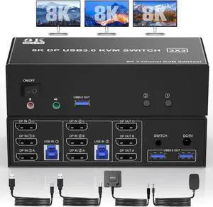 8K@60Hz Displayport KVM Switch Triple Monitor for 2 Computer, USB 3.0 DP KVM Switch 3 Monitors 2 Computers with Audio and 3 USB 3.0 Ports, Displayport KVM Triple Monitor Keyboard Mouse Switcher