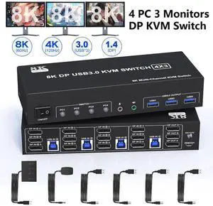 8K@60Hz 4x3 DisplayPort KVM Switch 3 Monitors 4 Computers 4K@144Hz, DP 1.4 KVM Switch Triple Monitor for 4 Computer with Audio and 3 USB 3.0 Ports, KVM Triple Monitor Keyboard Mouse Switcher
