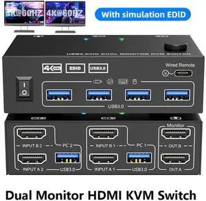 Dual HDMI KVM Switch 2 Monitors 2 Computers 4K@60Hz 2K@144Hz, EDID Simulation, Dual Monitor KVM Switch with 4 USB 3.0 Port for Keyboard Mouse, 2 Monitors HDMI2.1 KVM Switches with Wired Remote