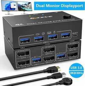 Dual Monitor KVM Switch, USB 3.0 Displayport KVM Switch 2 Monitors 2 Computers 8K@30Hz 4K@144Hz, Displayport KVM Switch with 4 USB 3.0 Ports for USB Devices,Wired Remote and USB Cables Included