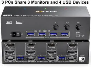 KVM Switch 3 Monitors 3 Computers 8K@60Hz, HDMI + 2* Displayport Triple Monitor KVM Switch,3 Monitor KVM with 4 USB 3.0 Ports for Keyboard Mouse Printer, Wired Remote and Power Adapter Included