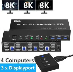 Displayport KVM Switch 3 Monitors 4 Computer, DP1.4 Triple Monitor KVM Switch 4 in 3 Out with Audio Microphone Output and 3 USB 3.0 Port, KVM Triple Monitor Keyboard Mouse Switcher for 4PC