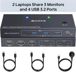 USB C KVM Switch 3 Monitors 2 Laptops 4K 1080P@60Hz,USB-C Docking Station Triple Monitor KVM Switches with 4 USB 3.2 Ports,10Gbps 80W PD Charging,For Windows and Mac OS,Driver Installation is Required