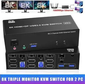 KVM Switch 3 Monitors 2 Computers 8K@60Hz 4K@144Hz, 2 HDMI + DisplayPort Triple Monitor KVM Switch for 2 Computer Share 1000Mbps Ethernet, 3 USB 3.0 Ports, with Audio & Microphone Output