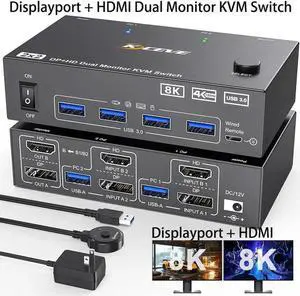 8K@60Hz/4K@144Hz Dual Monitor HDMI DP KVM Switch, Displayport + HDMI Dual Monitor KVM Switch for 2 Computers Share 2 Monitors 4 USB 3.0 Devices, Includes Remote Control & 12V Power Adapter
