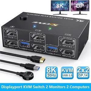 2 Port Displayport KVM Switch for 2 Monitors 2 Computers 8K@30Hz 4K@144Hz, USB 3.0 Dual Monitor KVM Switches Displayport 1.4 with 4 USB 3.0 Port for USB Device,Wired Remote and 4 Cable Included