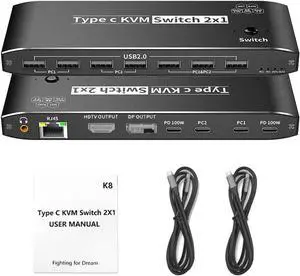 2 Ports Type C KVM Switch for 1 Monitors 2 Computers, 8K@60Hz USB C Type-C KVM Switches 2 in 1 Out with 7 USB 2.0 Ports for 2 Computers Sharing Monitor Keyboard Mouse Hard Drives Printer