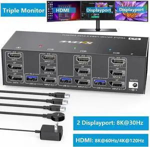 KVM Switch 3 Computers 3 Monitors, HDMI + 2 DisplayPort Triple Monitor USB 3.0 KVM Switcher, 8K@30Hz/4K@144Hz HDMI+2 DP KVM for 3 PC Share 3 Display and 4 USB3.0 Devices, Wired Remote Included