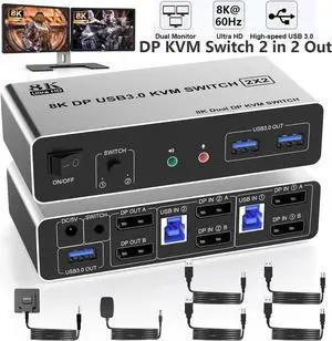 USB 3.0 DisplayPort KVM Switch 2 Monitors 2 Computers, Dual Monitor 8K@60Hz DP KVM Switch 2 in 2 Out with Audio Microphone Output and 3 USB 3.0 Ports, 2 PC 2 Monitors Keyboard Mouse Switcher