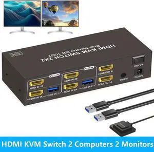 HDMI KVM Switch 2 Computers 2 Monitors, Dual Monitor HDMI KVM Switch 2 in 2 Out, 4K 60Hz, Dual HDMI Outputs with 4 USB 3.0 Ports to Share Keyboard Mouse Printer etc, Supports Extended/Copy Mode