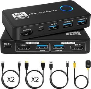 2 Port HDMI KVM Switch, 8K@60Hz 4K@120Hz HDMI USB 3.0 KVM Switch for 2 Computer Share 1 HD Monitor and 3 USB 3.0 Devices, Included Wired Remote, 2 HD-MI 2.1 Cables and 2 USB 3.0 Cables