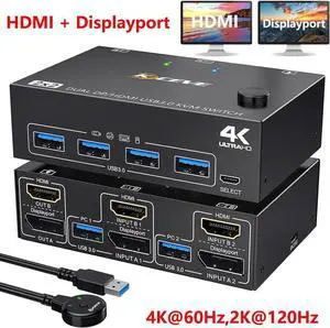 HDMI + Displayport KVM Switch 2 Computer 2 Monitors, Dual Monitors HDMI DP KVM Switcher Supports 4K@60Hz for 2 Computers Share Keyboard, Mouse and 2 Monitors, with USB 3.0 Cables & Wired Remote