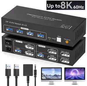 8K@60Hz/4K@120Hz Displayport KVM Switch 2 PC 2 Monitors, USB 3.0 DP 1.4 KVM Switch for 2 Computers Share Dual Monitor and 4 USB Devices Supports Extended Mode and Copy Mode, with Wired Remote