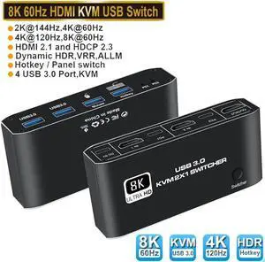 2 Port HDMI KVM Switch, HDMI USB KVM Switch 2x1 HDMI2.1 Ports + 4x USB3.0 Ports, Share 2 Computers One Monitor Switch, Supports 8K@60Hz,4K@120Hz,YUV 4:4:4, HDCP 2.3, HDR 10, Hotkey, Darkish