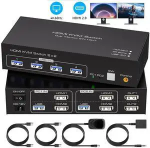 2 Ports HDMI KVM Switch 2 Monitor 2 Computers, 4K@60Hz HDMI USB KVM Switches Share Dual Monitors and 4 USB 3.0 Devices Support Extended/Copy Mode with 2 USB Cables and Wired Controller