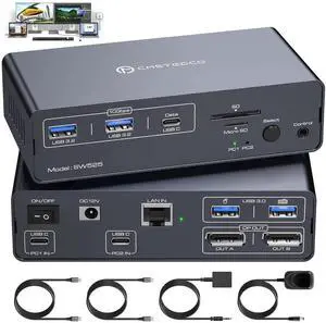 4K@120Hz USB C Docking Station with KVM Switch 2 Monitors 2 Computers Displayport USB 3.2 KVM Switches Dual Monitor for Dual Laptops Share a 1G Ethernet and SD/microSD Card Slots, Wired Remote