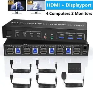 4K@60Hz Displayport + HDMI Dual Monitor KVM Switch for 4 Computers 2 Monitors, USB 3.0 KVM Switch, with Audio Microphone Output and 3 USB 3.0 Ports, HDMI+DP Monitor Switch for 4 PCs 2 Monitor