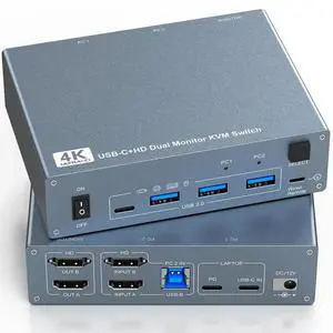 USB C HDMI KVM Switch 2 Monitors 2 Computers, 4 USB 3.0 Ports 4K@60Hz KVM Switches for 1 Laptop & 1 Desktop Sharing 2 Monitors Keyboard Mouse Printer, 80W PD Charging, Remote & USB-C Cables