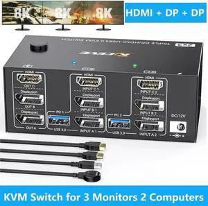 KVM Switch 3 Monitors 2 Computers 8K@60Hz 4K@144Hz, 2 Displayport + HDMI Triple Monitor USB 3.0 KVM Switch with 4 USB 3.0 Port for Keyboard Mouse, with Wired Remote & Power Adapter