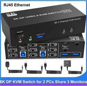 8K@60Hz Displayport KVM Switch 3 Monitors 2 Computers 4K@144Hz, DP1.4 KVM Switches Triple Monitor for 2 PCs Share 3 Monitors, RJ45 Ethernet Splitter 1 to 2, Audio Mic Port and 3 USB 3.0 Ports