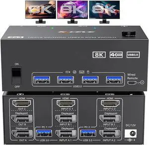 KVM Switch 3 Monitors 2 Computers 8K@60Hz, 1 HDMI + 2 Displayport KVM Switch Triple Monitor for 2 Computer Share 3 Monitor and 4 USB 3.0 Port Keyboard Mouse, Wired Remote and 5 Cables Included