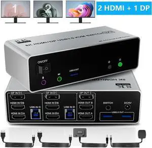 8K@60Hz KVM Switch 3 Monitors 2 Computers 4K@144Hz, 2 HDMI+Displayport Triple Monitor KVM Switch for 2 Computer Share 3 Monitor, Audio Mic Port & 3 USB3.0 Devices, Wired Remote&5V Power Adapter