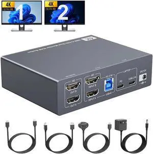 Dual Monitor KVM Switch for Laptop & Desktop 4K@60Hz, USB C and HDMI KVM Switch 2 Monitors 2 Computers with 4 USB 3.0 Port for Keyboard Mouse, 80W PD Charging, with Wired Remote and USB C Cable
