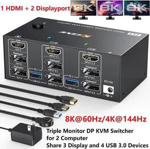 KVM Switch 3 Monitors 2 Computers 8K@60Hz 4K@144Hz, 1 HDMI + 2 Displayport KVM Switcher for 2 Computers Share Triple Monitor and 4 USB 3.0 Devices Supports Extended and Duplicate Mode