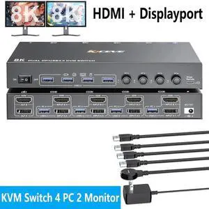 KVM Switch 2 Monitors 4 Computers, USB 3.0 DisplayPort + HDMI Dual Monitor KVM Switch, Supports 8K@30Hz, 4K144Hz for 4 Computers that Share 2 Monitors and 4 USB 3.0 Device, with Wired Remote
